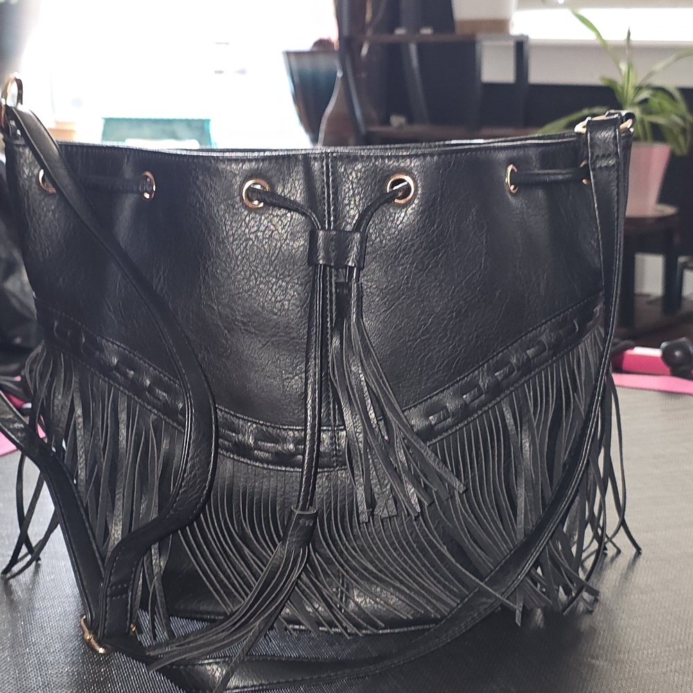 Fringed Black Bucket Bag
